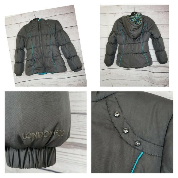 London Fog Girls Gray With Teal Trim Diamond Embroidered Hooded Jacket Small 7/8 - Picture 3 of 12
